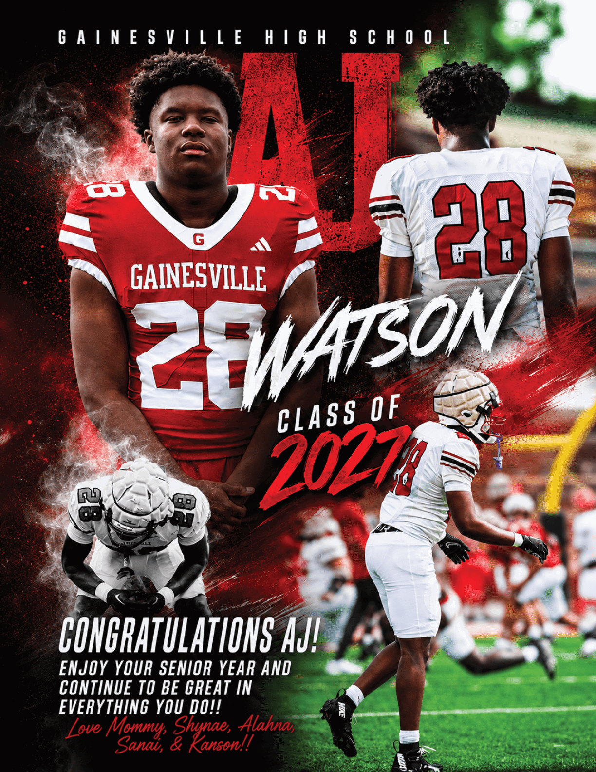A sports-themed collage features a person in a red football uniform with the number 28 and the name Watson, alongside action shots of the same person playing football in a white uniform, with congratulatory text celebrating their senior year and class of 2027 from Gainesville High School. Description generated by AI