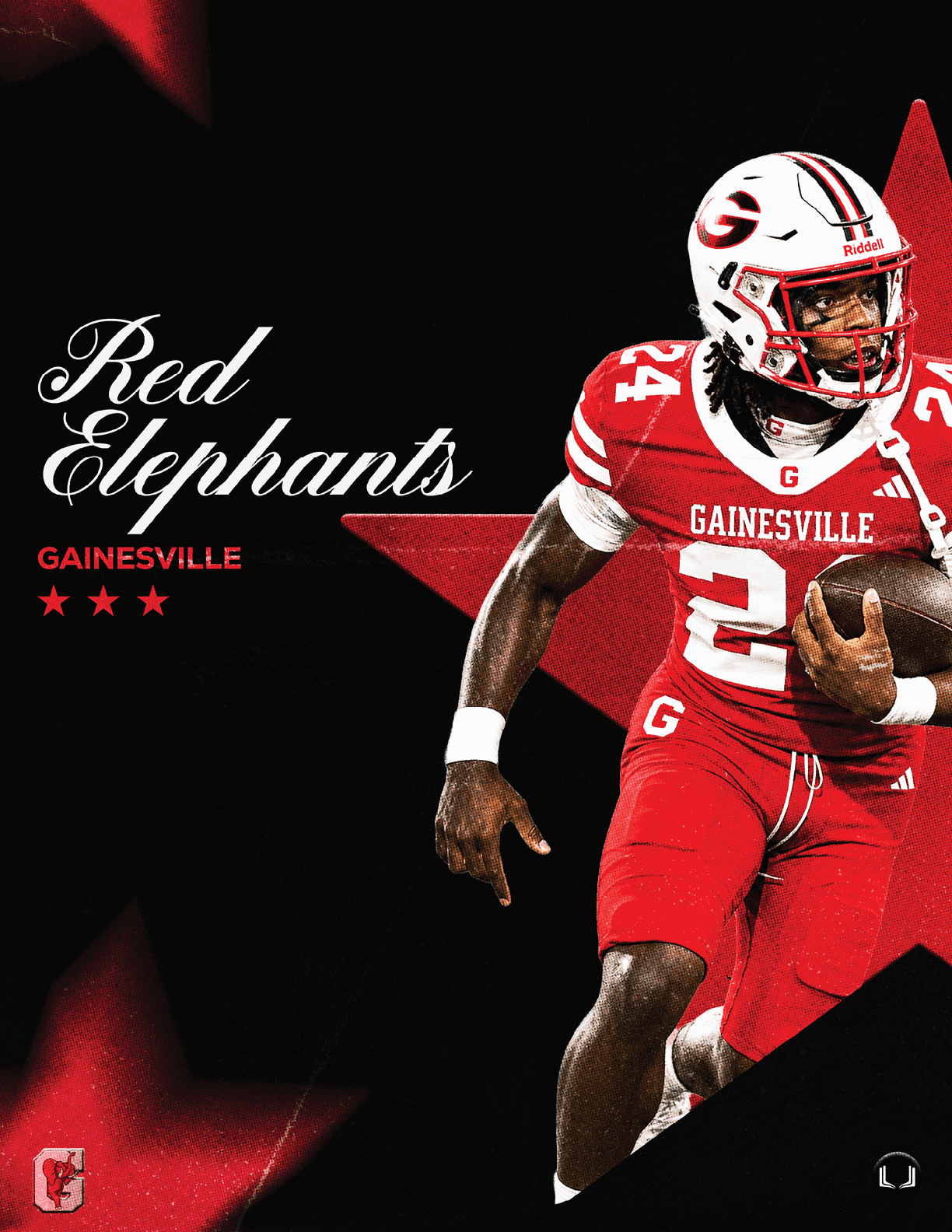 A person in a red football uniform with the number 24 and a white helmet is running with a football against a black background with red stars and the text “Red Elephants Gainesville." Description generated by AI