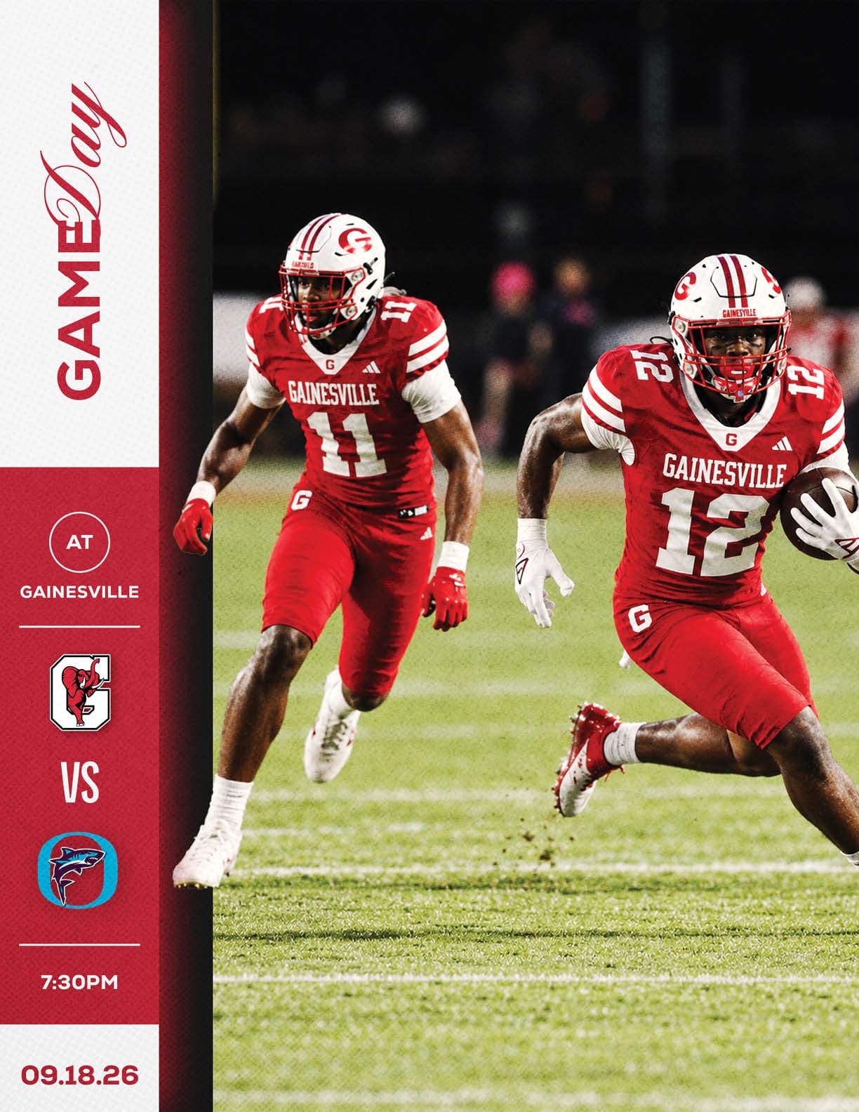 Two football players in red and white Gainesville uniforms are running on a field during a game announcement for a match against a team with a blue and red logo. Description generated by AI