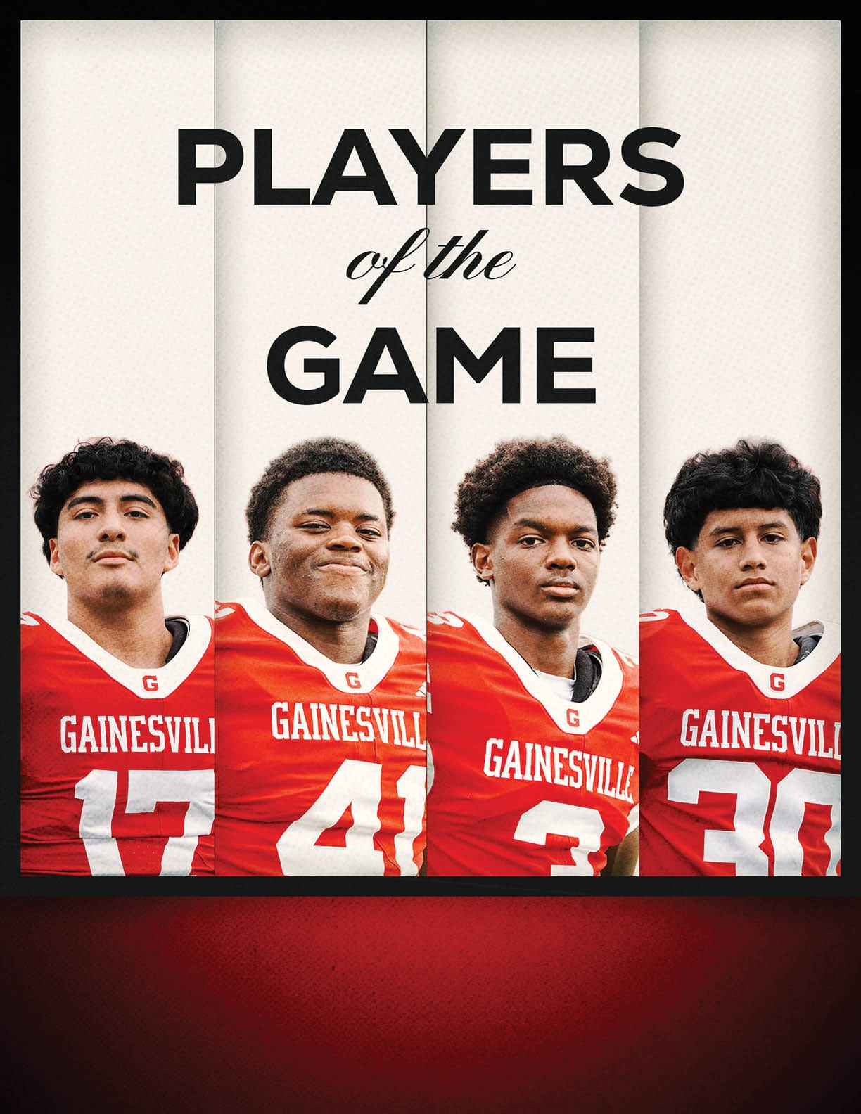 Four people wearing red Gainesville football jerseys stand side by side under the text “Players of the Game." Description generated by AI