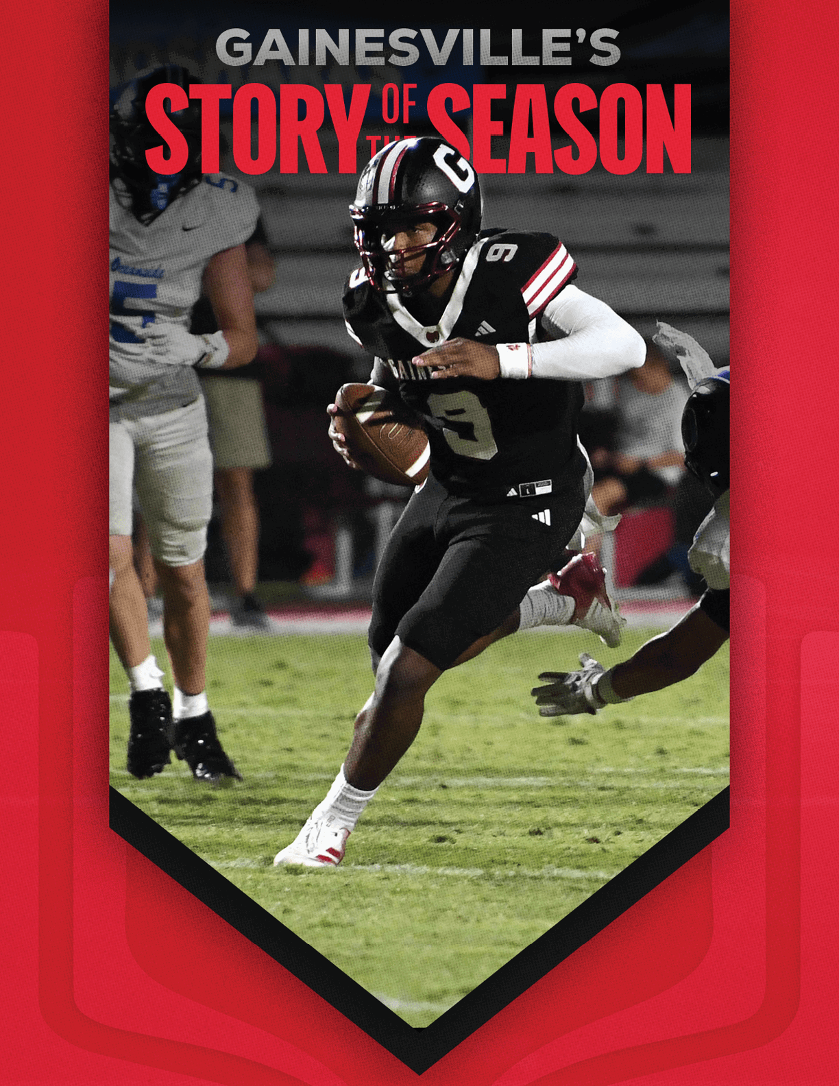 A person in a black football uniform with a helmet is running on a field holding a football while other players are visible in the background with the text Gainesville's Story of the Season above. Description generated by AI