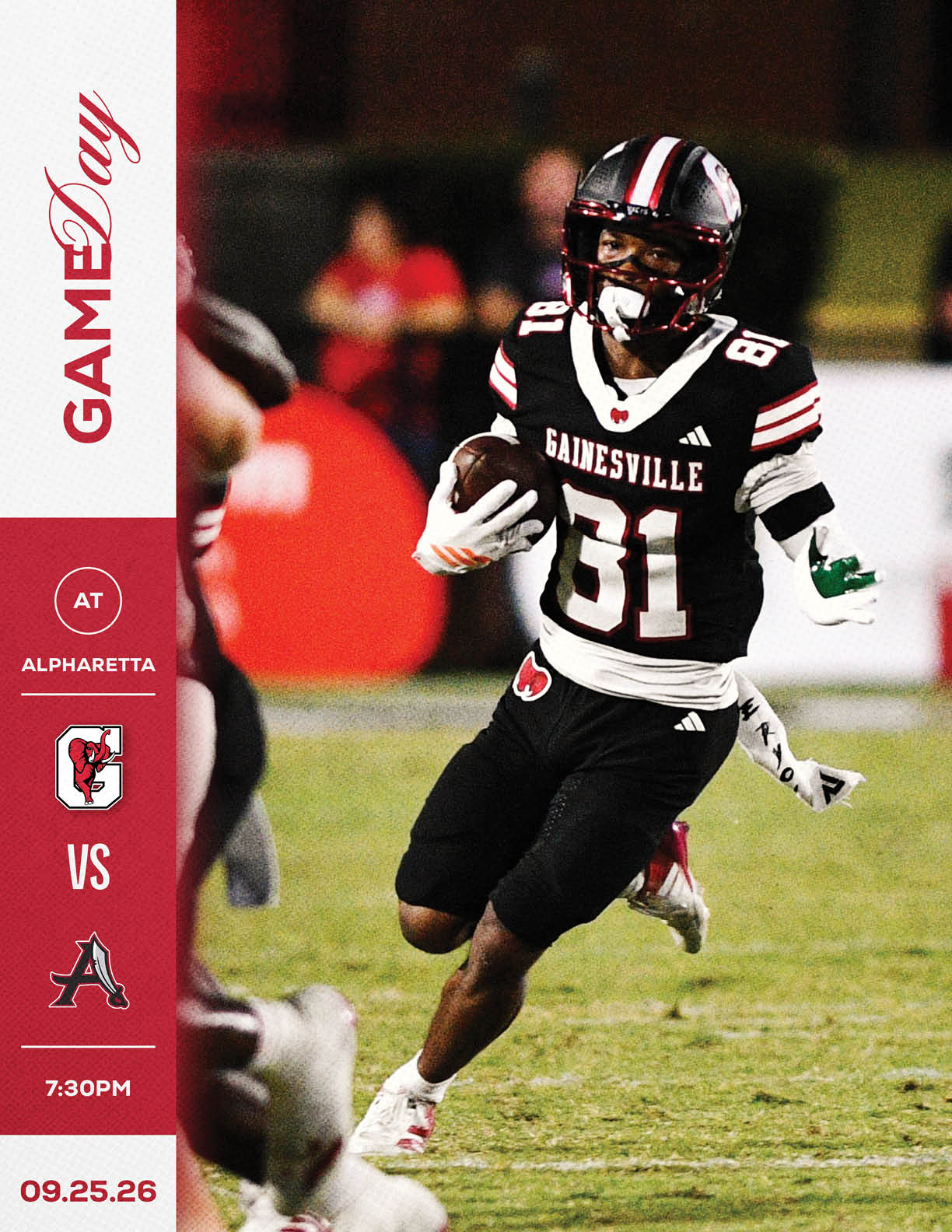 A person in a Gainesville football uniform is running on a field holding a football during a game against Alpharetta with the game details displayed on the left side. Description generated by AI