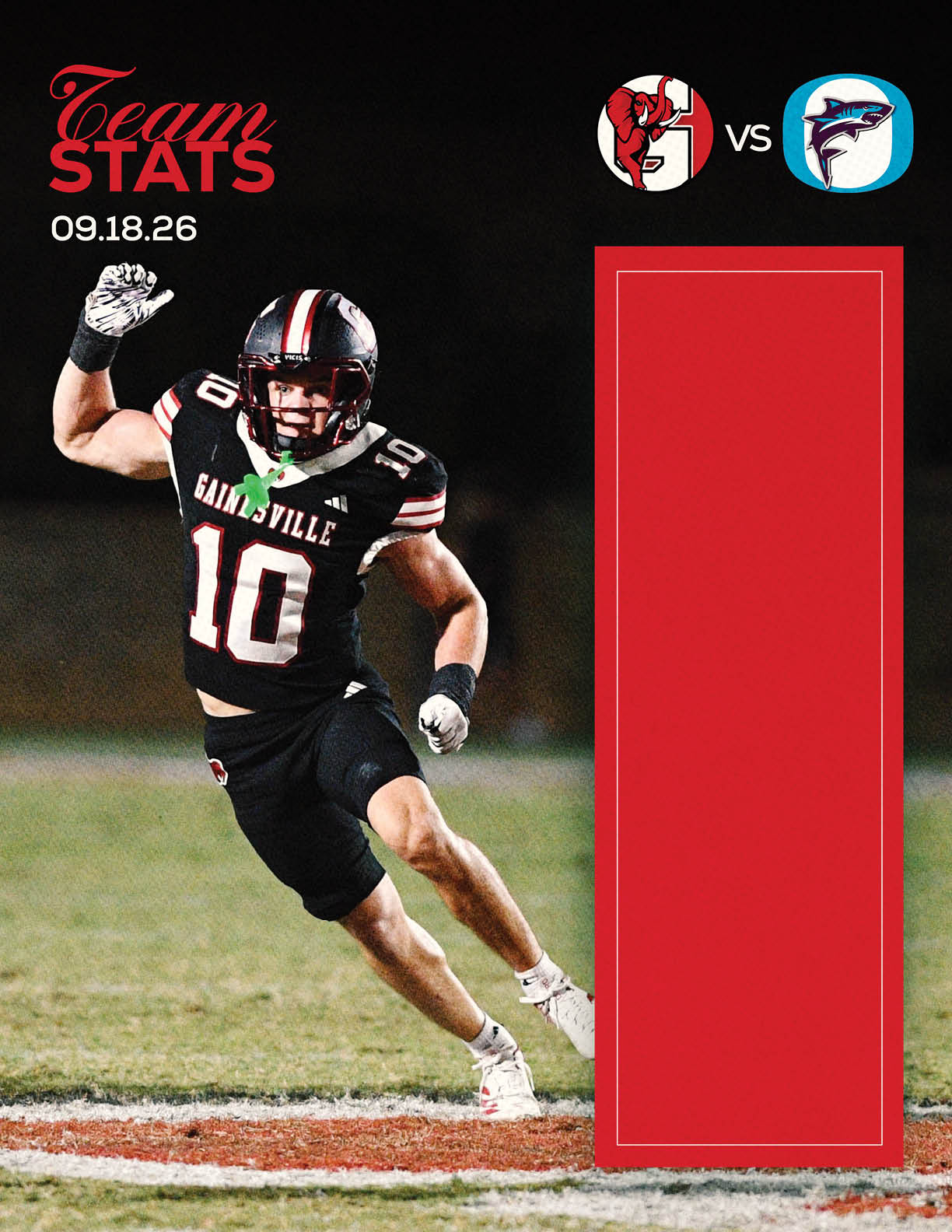 A person in a football uniform with the number 10 is running on a field with a raised arm, next to a graphic showing team stats for a game between two teams with devil and shark logos dated 09.18.26. Description generated by AI