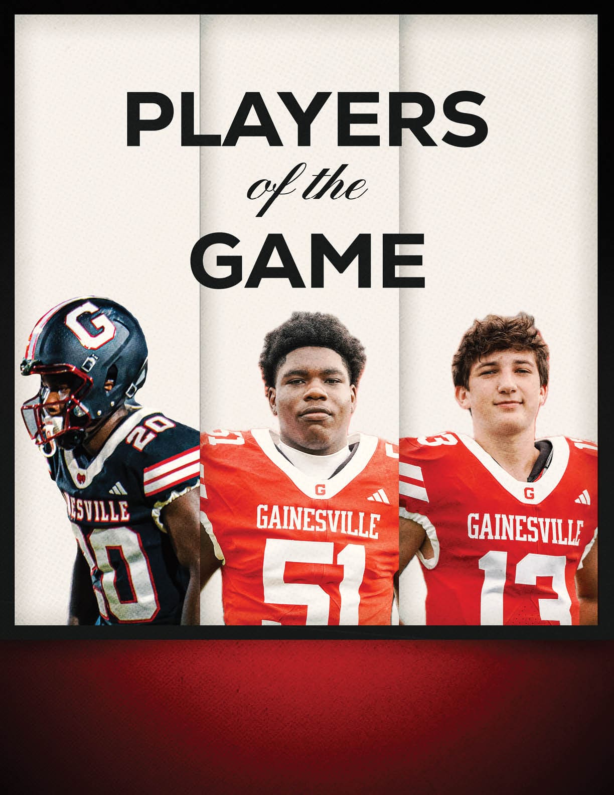 Three people wearing Gainesville football uniforms stand side by side under the text players of the game. Description generated by AI