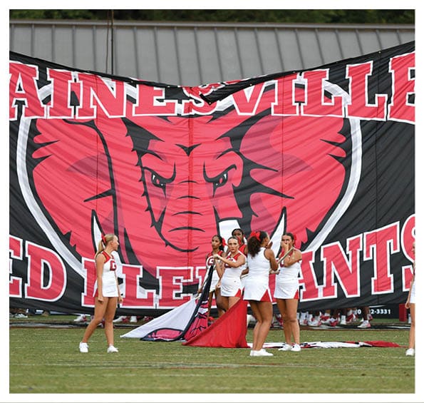 A group of people in white athletic uniforms stand on a field in front of a large banner featuring a red elephant and the words “Gainesville Red Elephants." Description generated by AI
