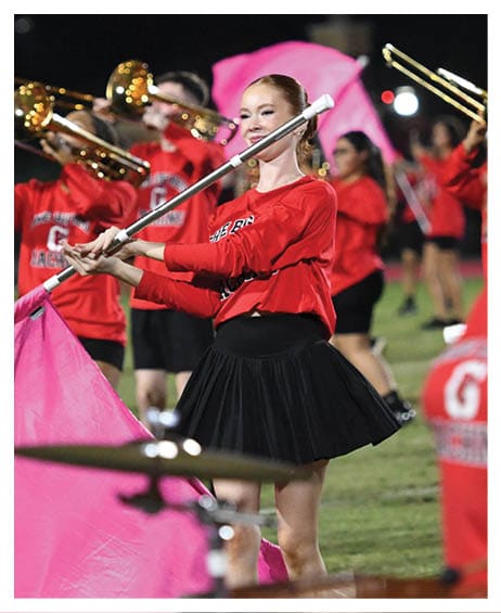 People in red shirts and black skirts are playing musical instruments and performing on a grassy field at night. Description generated by AI