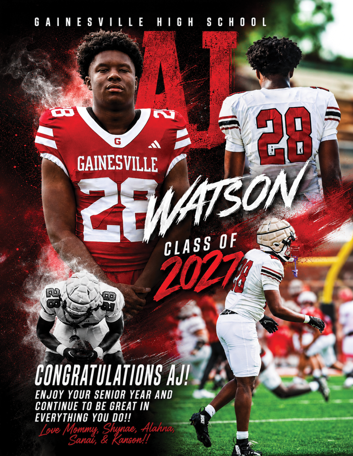A sports-themed collage features a person in a red football uniform with the number 28 and the name Watson, alongside action shots of the same person playing football in a white uniform, with congratulatory text celebrating their senior year and class of 2027 from Gainesville High School. Description generated by AI