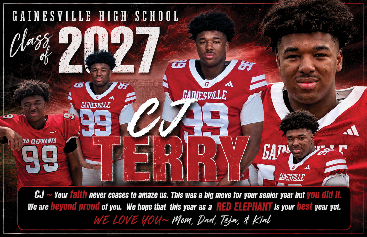 A collage of a person in a red and white Gainesville High School football uniform with the number 99, featuring bold text celebrating the Class of 2027 and a heartfelt message from family expressing pride and love. Description generated by AI