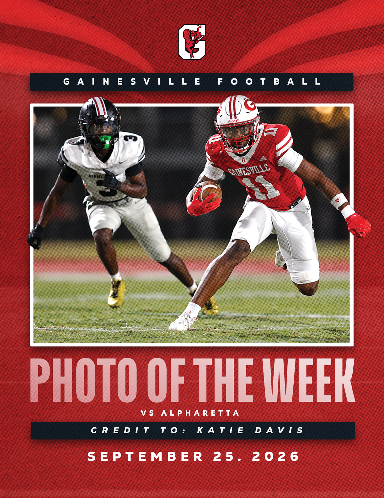 Two football players in action on a field with one player in a red uniform running with the ball and the other in a white uniform chasing, set against a red background with text highlighting Gainesville Football and the date September 25, 2026. Description generated by AI
