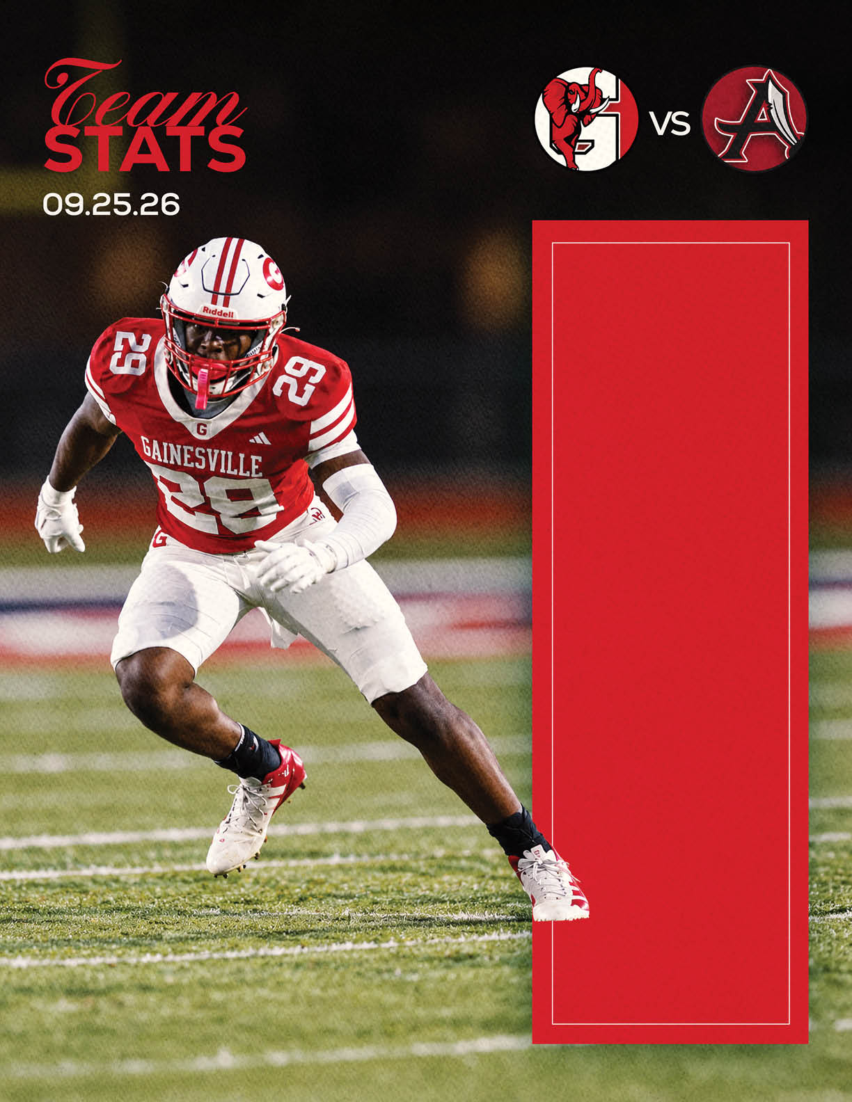 A person in a red and white football uniform with the word Gainesville is running on a football field with a red graphic showing team stats and a matchup date. Description generated by AI