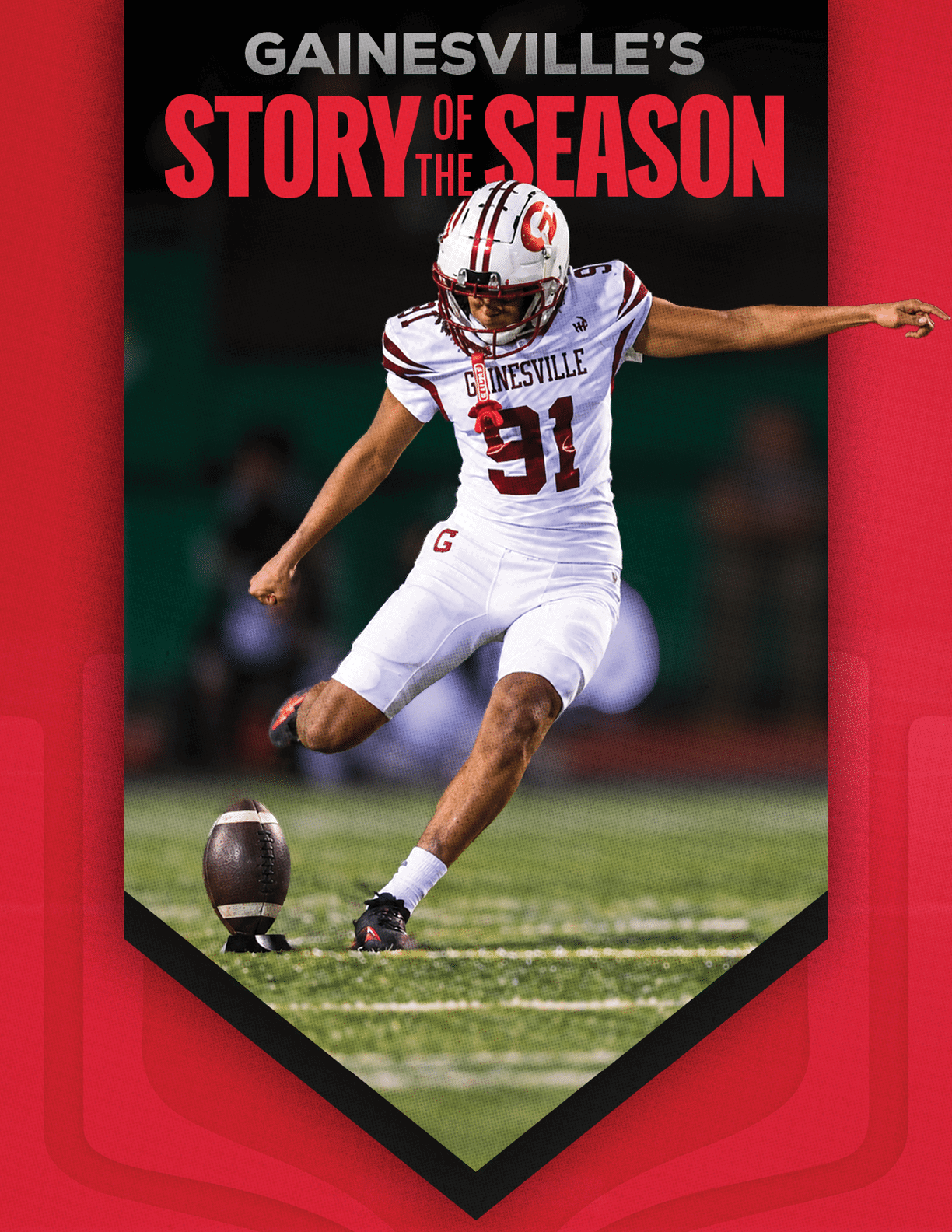 A person in a Gainesville football uniform is kicking a football on a field with the text Gainesville's Story of the Season above. Description generated by AI