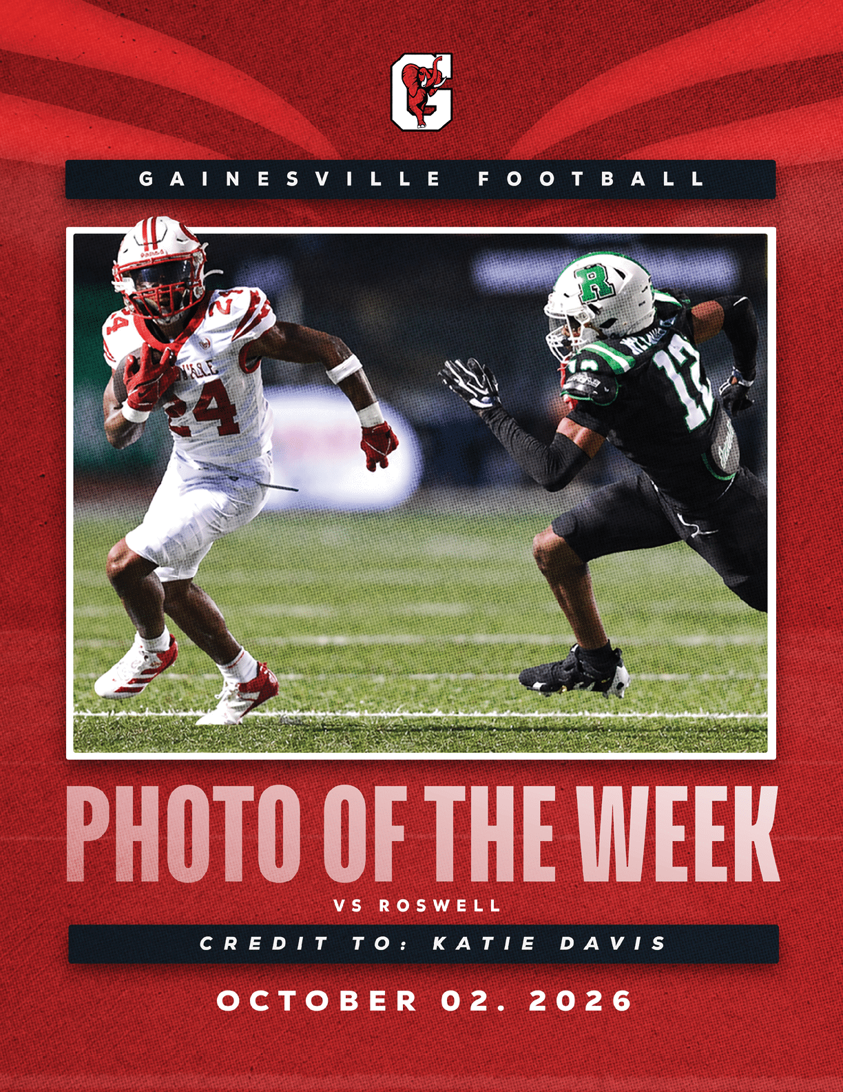 Two football players in action on a field with one player in white running and the other in black reaching out, featured as Gainesville Football's photo of the week for a game against Roswell. Description generated by AI
