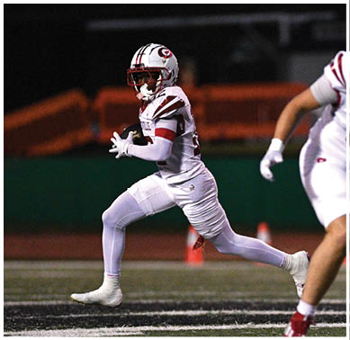 People in football uniforms are actively engaged in a game on a field with a blurred background. Description generated by AI