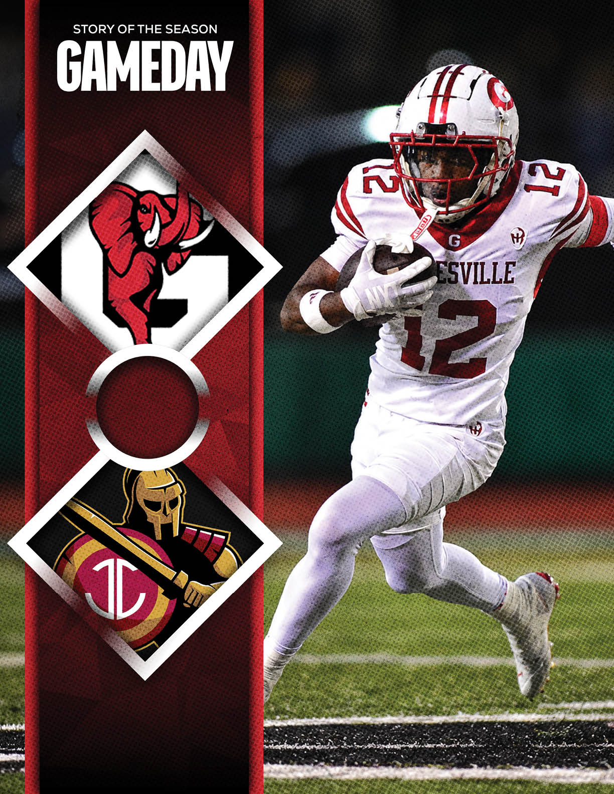 A person in a white football uniform with the number 12 is running on a field while holding a football, next to a vertical banner with red and black colors featuring two sports team logos and the text “GAMEDAY." Description generated by AI