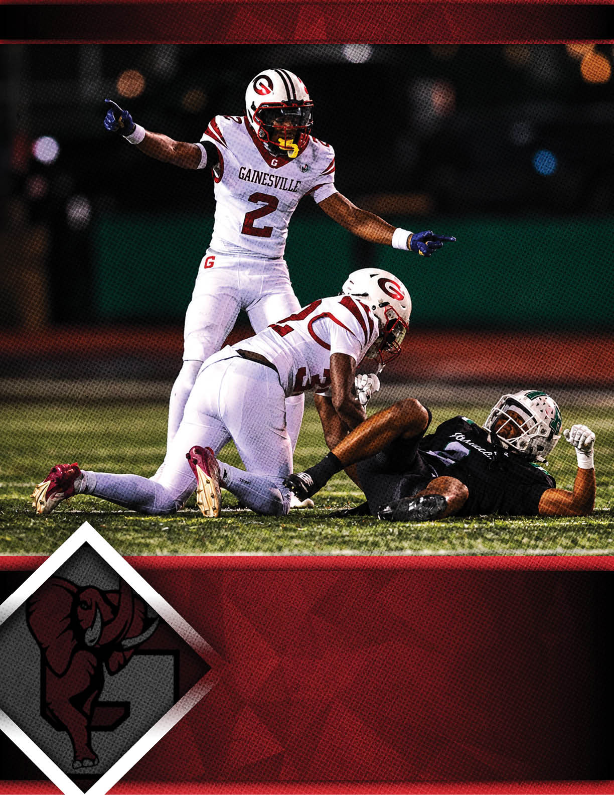 Two football players in white uniforms from Gainesville are tackling a player in a black uniform on a football field during a game. Description generated by AI