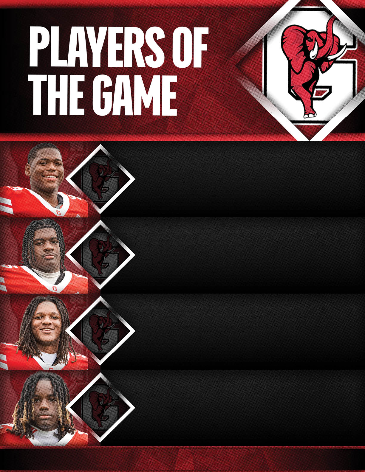 Four people wearing red sports uniforms are shown next to the text “Players of the Game" with a red elephant logo in the top right corner. Description generated by AI