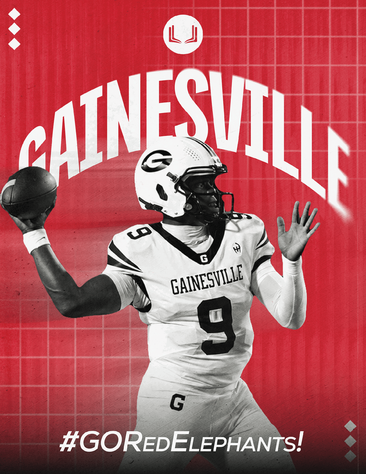 A person in a Gainesville football uniform is poised to throw a football against a red background with the text Gainesville and the hashtag #GORedElephants. Description generated by AI