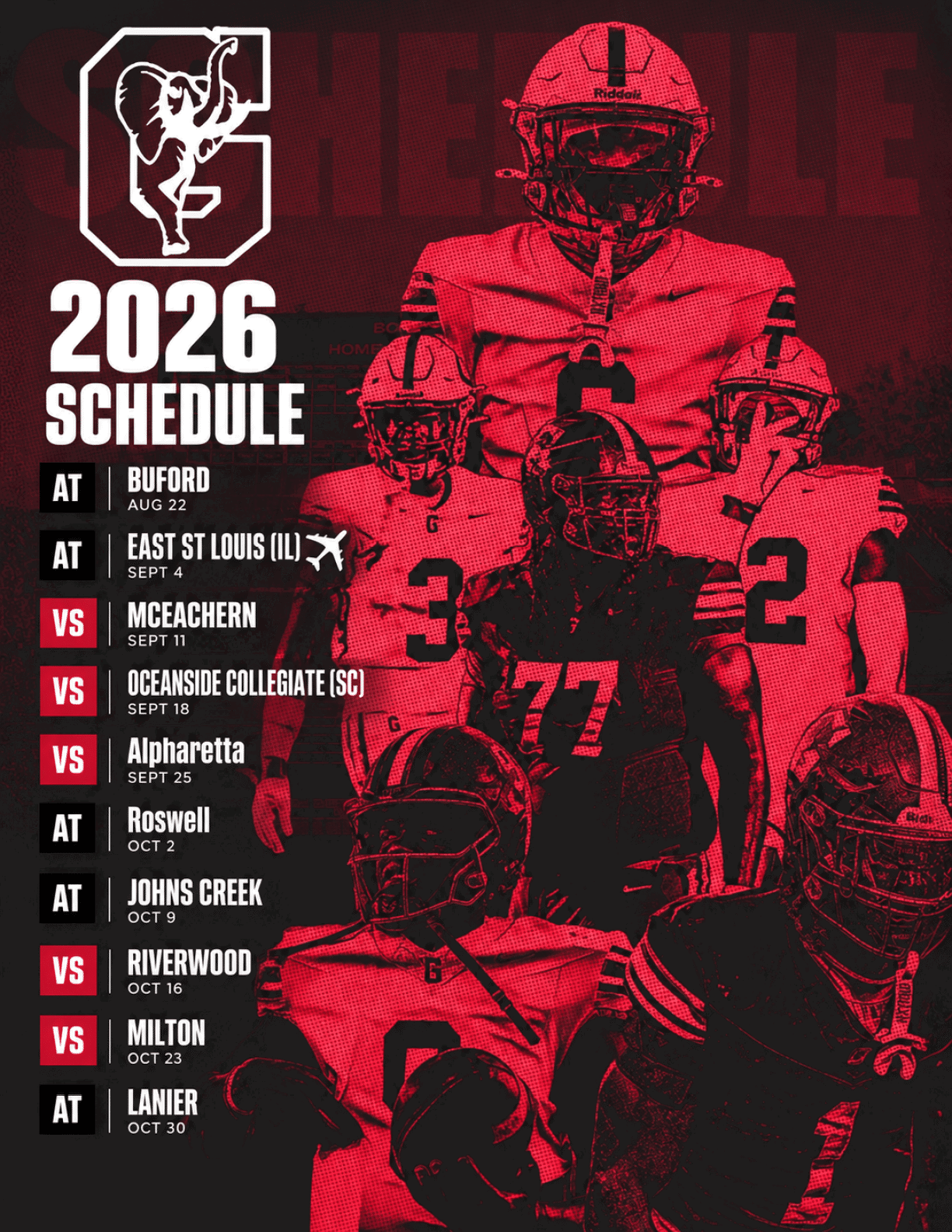 A graphic showing a 2026 football schedule with a team logo featuring an elephant and several football players in red and black uniforms in the background. Description generated by AI