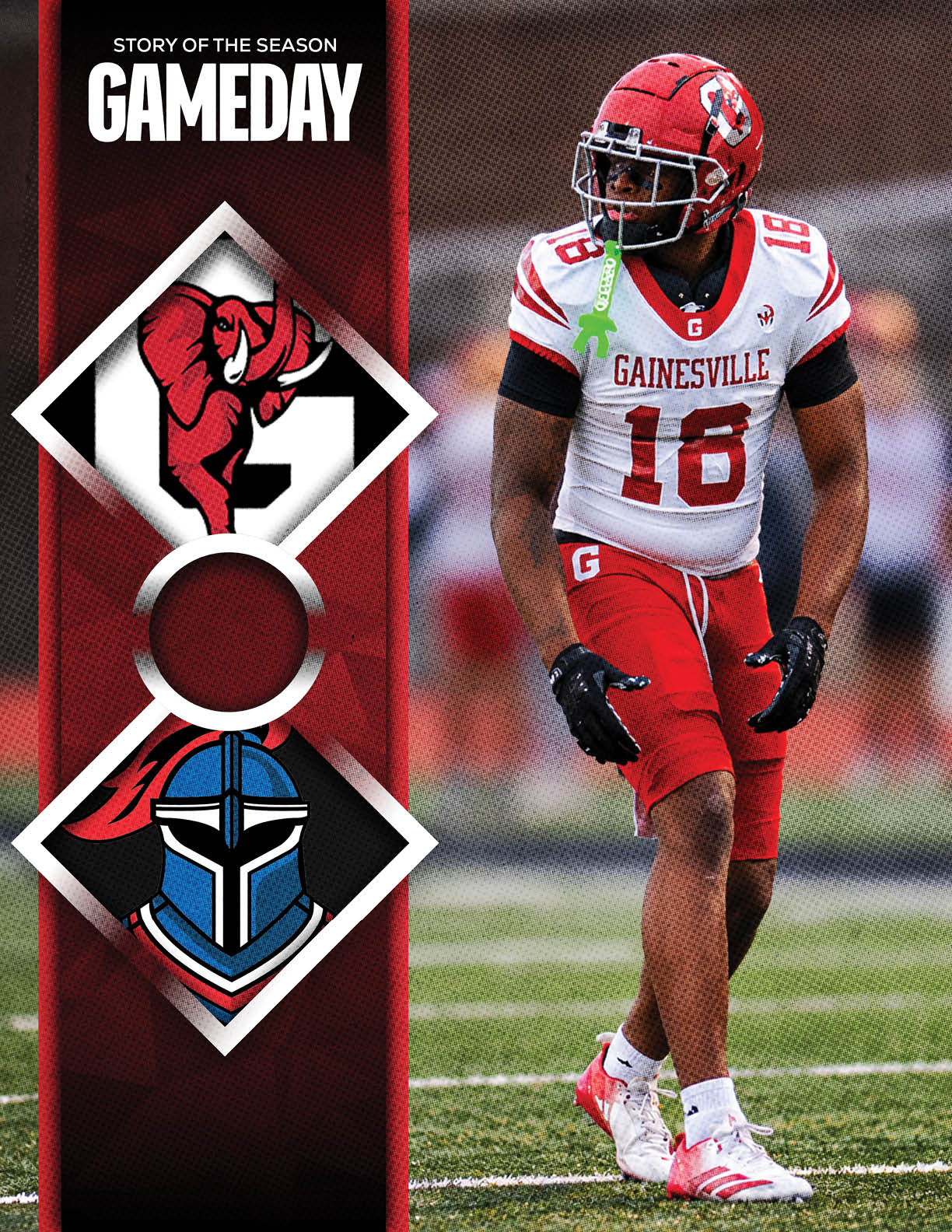 A person in a red and white football uniform with the word Gainesville and number 16 stands on a field next to a graphic showing a red elephant and a blue knight helmet with the text Gameday. Description generated by AI