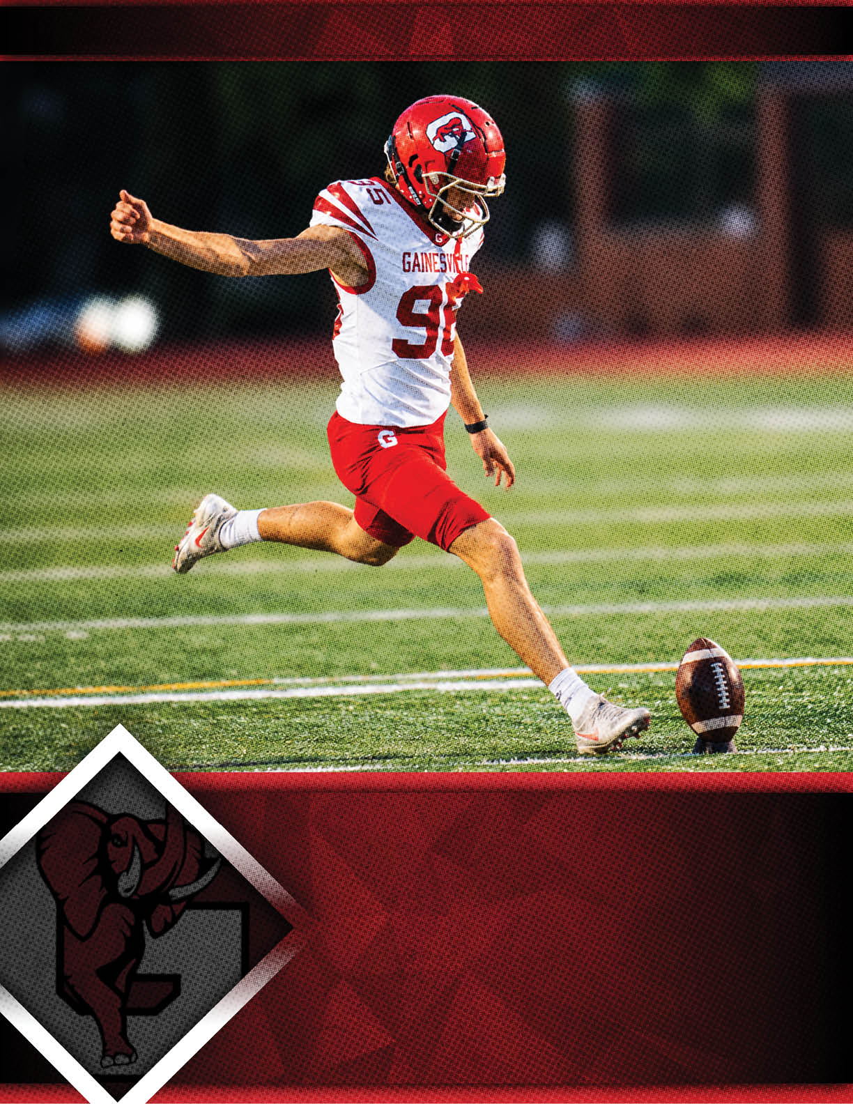 A person in a red and white football uniform is kicking a football on a grassy field with a red and black graphic border featuring an elephant logo. Description generated by AI