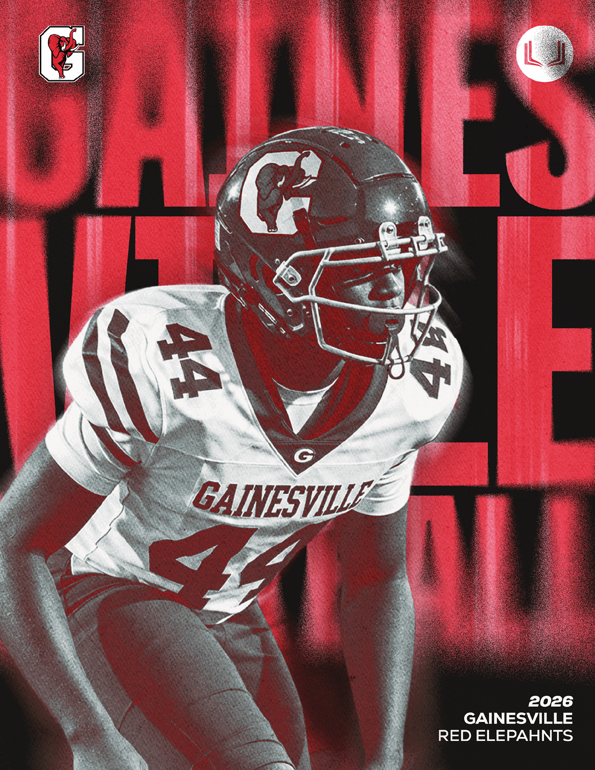 A person wearing a Gainesville football uniform and helmet is in a ready stance against a red and black background with large text reading Gainesville and 2028 Gainesville REC E-Sports. Description generated by AI