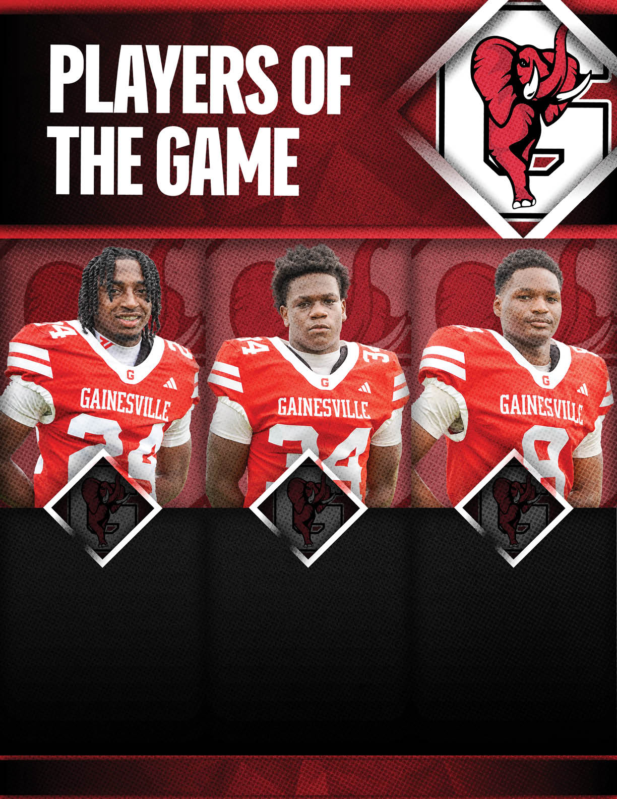 Three people wearing red Gainesville football uniforms are shown as players of the game with a red and black background and a red elephant logo. Description generated by AI