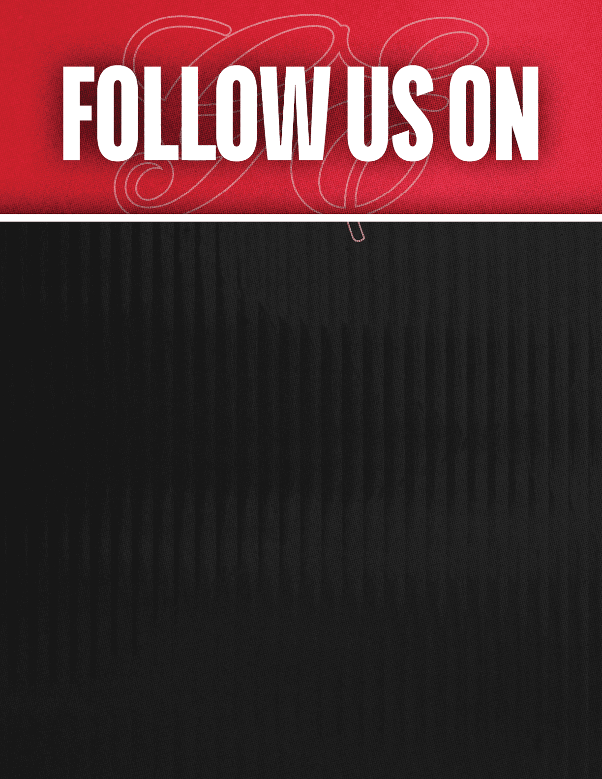 A black and red sign that says Follow Us On. Description generated by AI