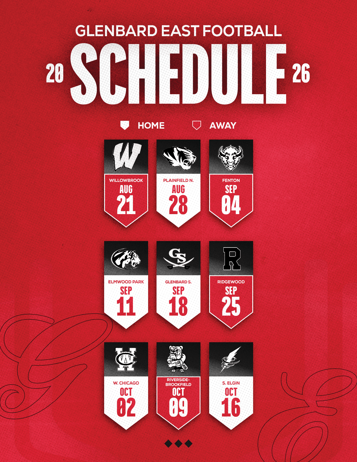 A red and white schedule for Sun Prairie East Football. Description generated by AI