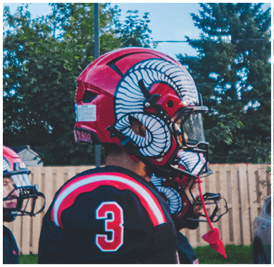 A football game is taking place with a group of men on the field. Description generated by AI