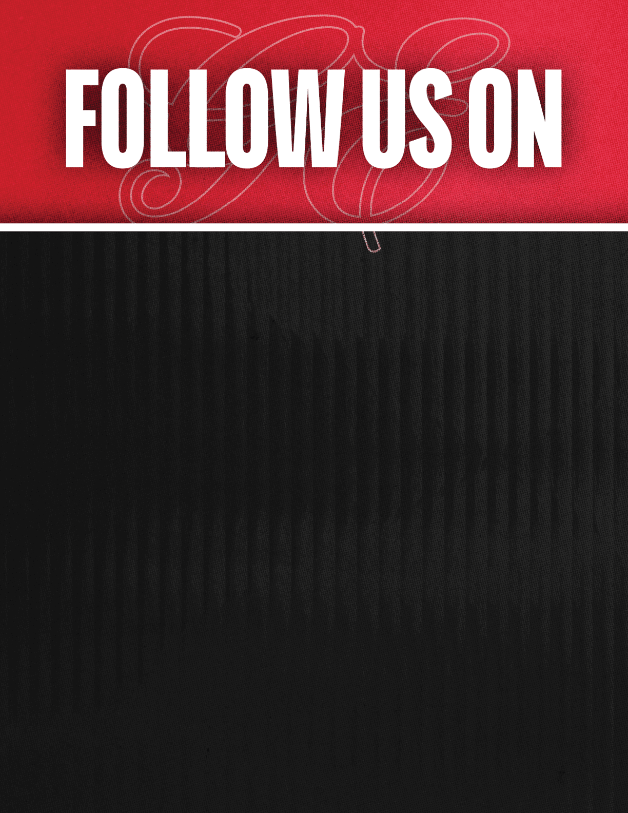 A black and red sign that says Follow Us On. Description generated by AI
