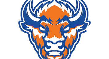 A blue and white bull head. Description generated by AI