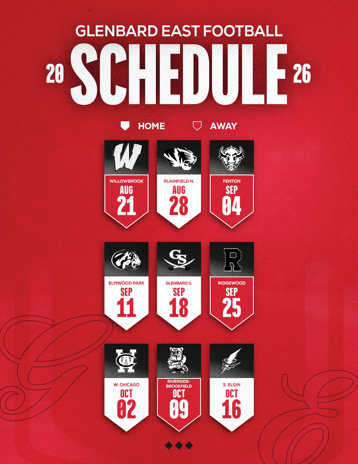 A red and white schedule for Sun Prairie East Football. Description generated by AI
