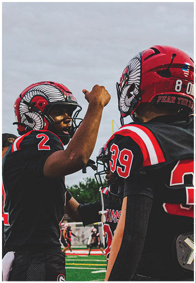 A football player wearing a blue and red jersey. Description generated by AI