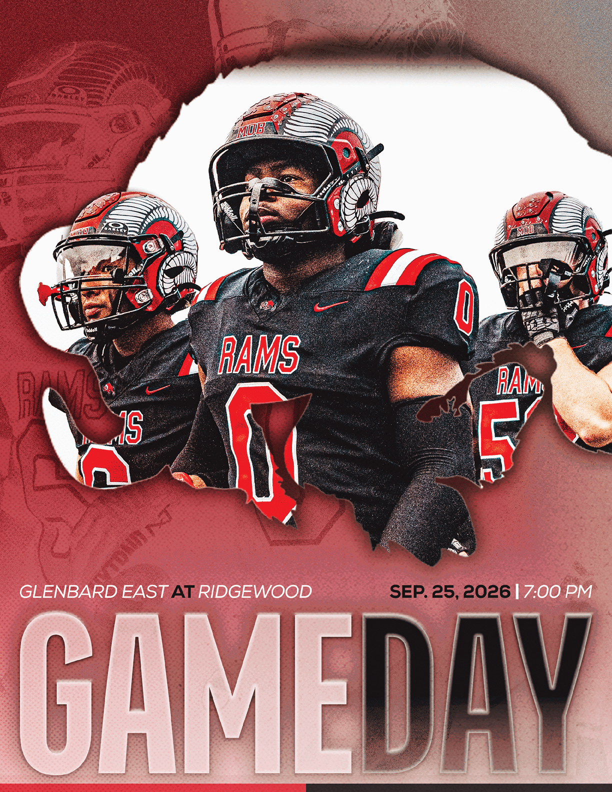 A person wearing a football helmet and uniform is centered with a blurred background and text reading Sun Prairie East vs Blue Shakers Cardinals and the year 2026. Description generated by AI