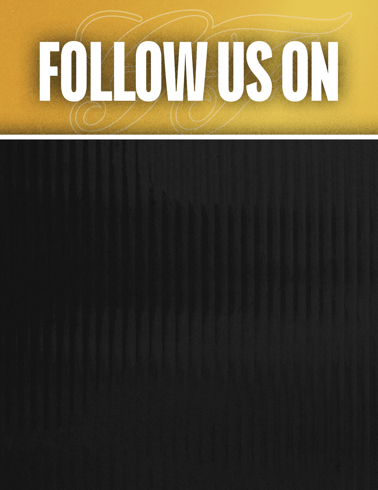 A black and red sign that says Follow Us On. Description generated by AI
