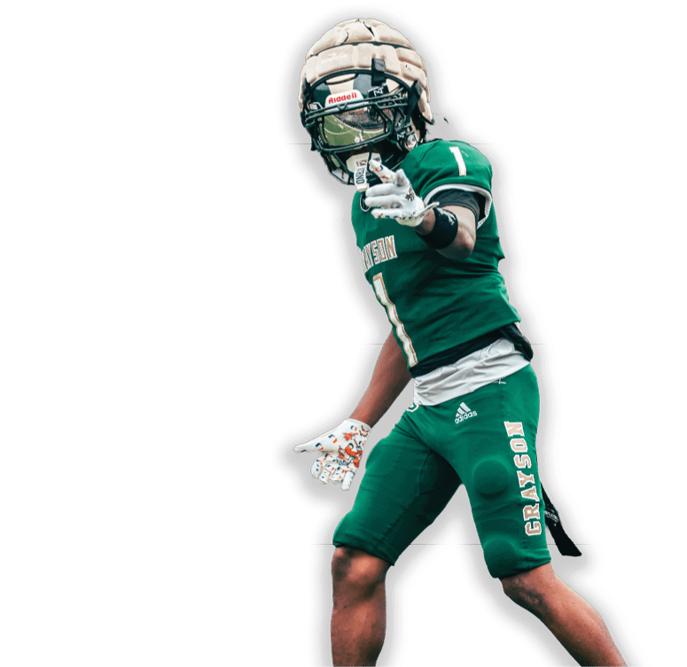A person wearing a green football uniform with the number one and the word Grayson on the pants is posing with one hand pointing forward and the other hand open. Description generated by AI