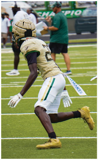 A football player catching a ball. Description generated by AI