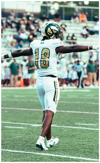 A football player catching a ball. Description generated by AI