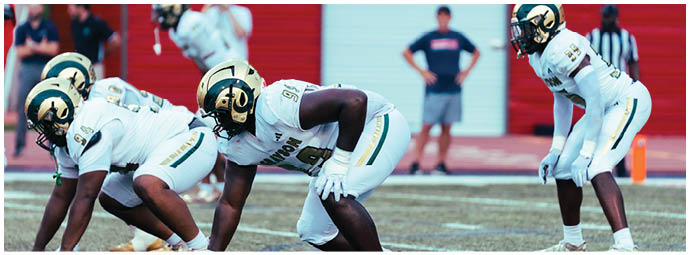 A football player wearing a blue and white uniform. Description generated by AI