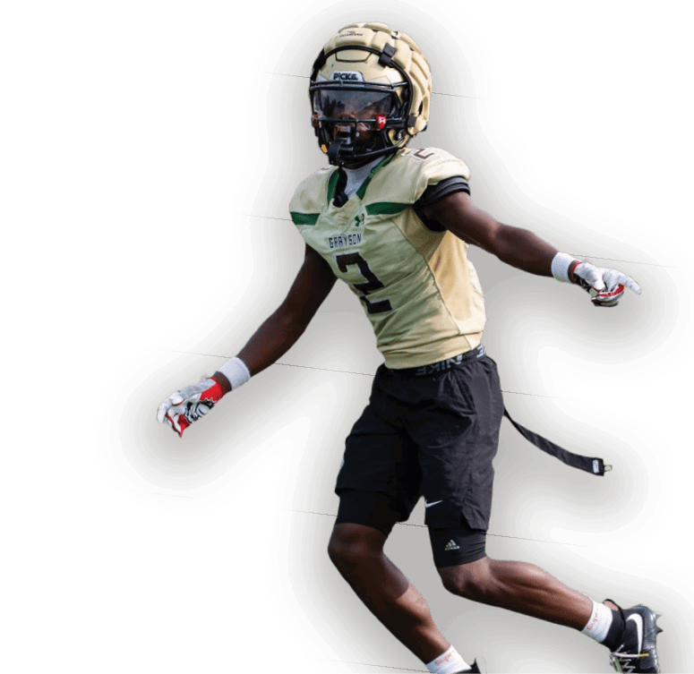 A person wearing a football helmet, gloves, and a jersey with the number 2 is running or jumping in an athletic pose. Description generated by AI