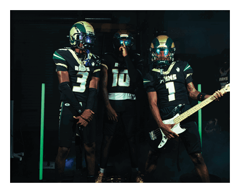 A man wearing a football uniform is jumping to catch a football. AI generated content