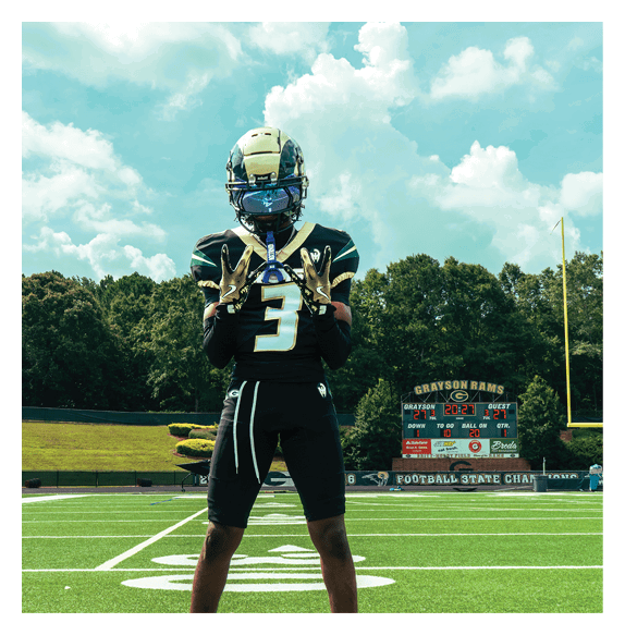 Two football players wearing Vista jerseys and holding hands. AI generated content