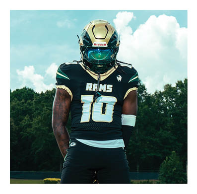 Two men wearing football helmets are talking to each other. AI generated content