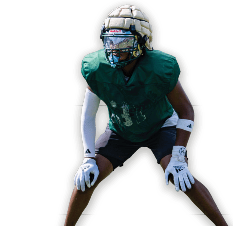 A person wearing a football helmet, gloves, and a jersey with the number 2 is running or jumping in an athletic pose. Description generated by AI