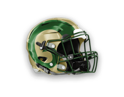 A green and gold football helmet with a dark green faceguard and a stylized ram horn design on the side. Description generated by AI