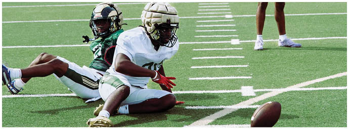 A football player wearing a blue and white uniform. Description generated by AI