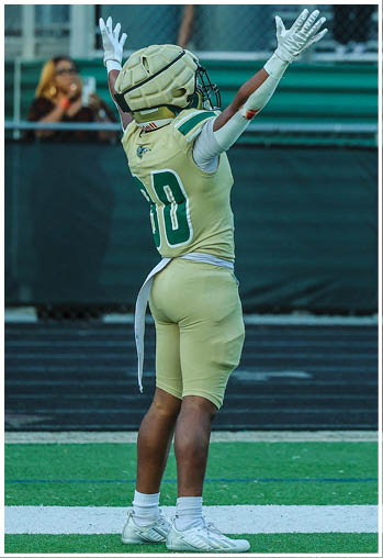 A football player running on the field. Description generated by AI