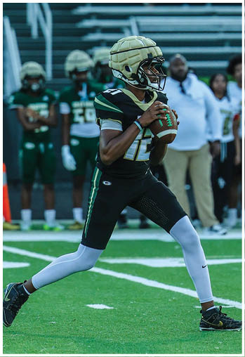 A football player running on the field. Description generated by AI