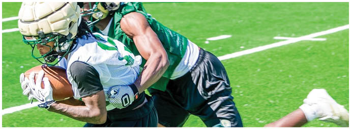 A football player wearing a blue and white uniform. Description generated by AI