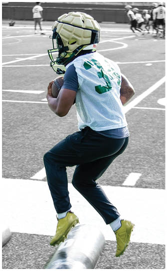 A football player catching a ball. Description generated by AI